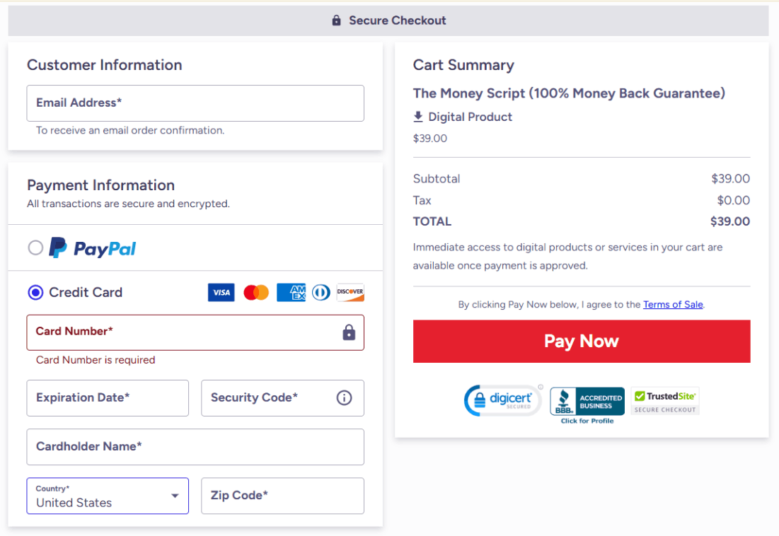 The Money Script Checkout Page