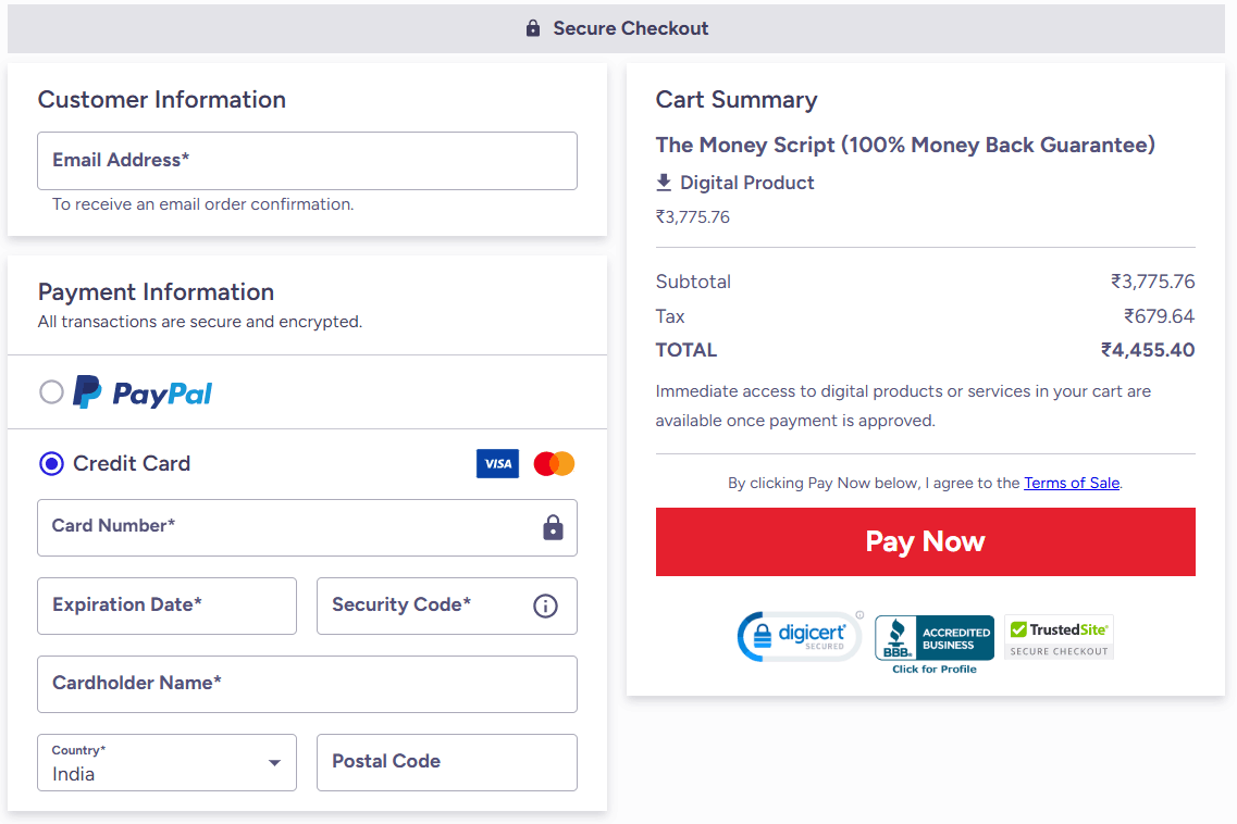 The Money Script Original Checkout Page